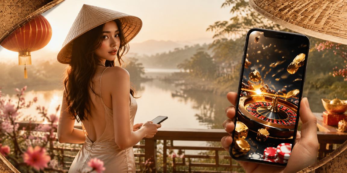 Người phụ nữ đội nón lá tại Đà Lạt sử dụng điện thoại chơi casino di động trong không khí truyền thống