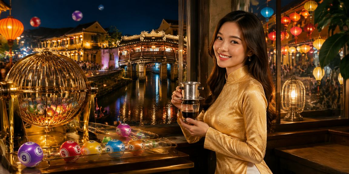 Người phụ nữ mặc áo dài tại Hội An cầm vé xổ số và điện thoại trong không khí phố cổ về đêm